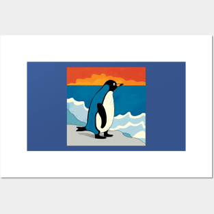 Single Penguin in snow watching the sunset Posters and Art